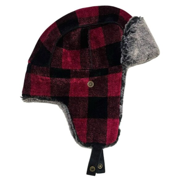 VTG Woolrich Trapper Hat Buffalo Plaid Ear Flaps Faux Fur-Lined Cap Red Black - Picture 6 of 12